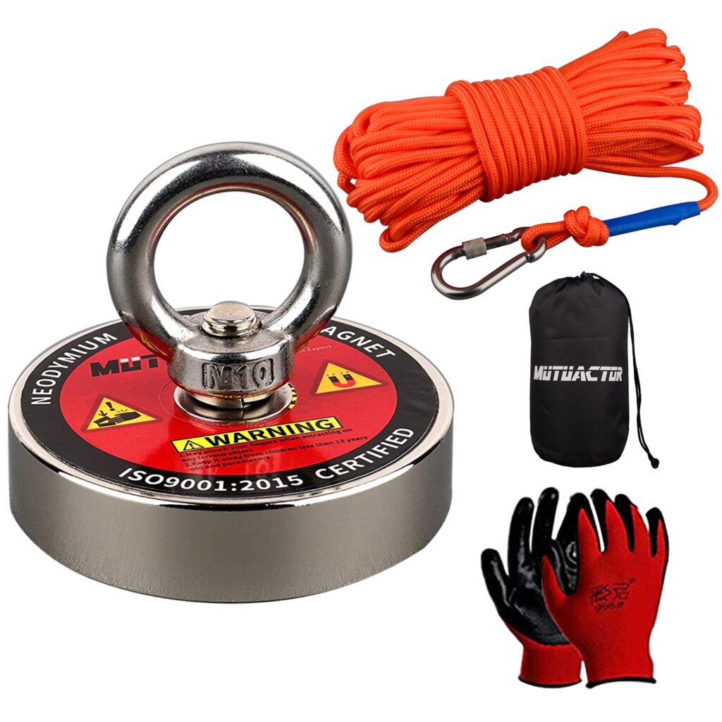Strong Fishing Magnet 150KG Heavy Duty 49feet Fishing Rope, Gloves, Locking Carabiner, Threadlocker, Grapping Hook